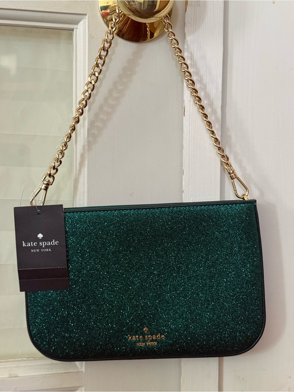 kate spade Green Glitter Chain Wristlet Clutch